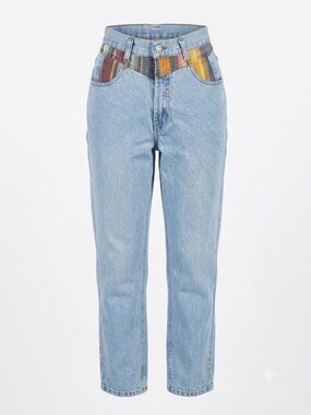 Vintage 90s High-Rise Light Blue Women's Jeans with Multicolor Pocket Accent